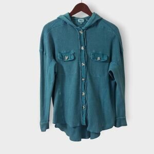 BKE Buckle Waffle Knit Hooded Button Up Boyfriend Shirt Lake Blue Sz S Oversized
